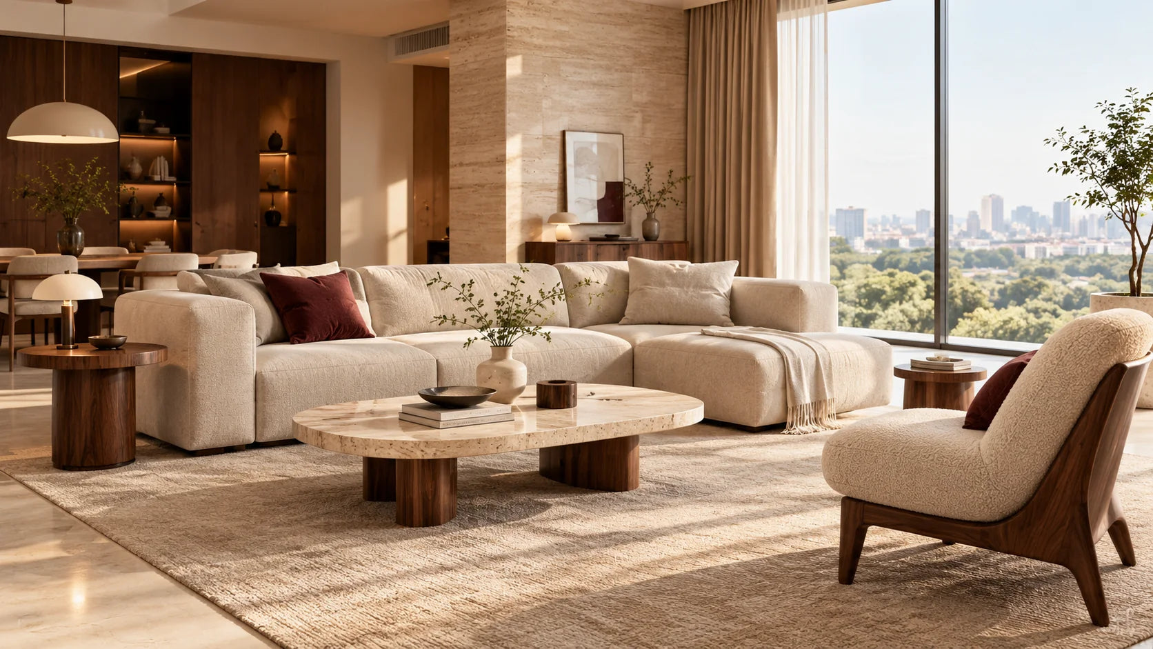 Contemporary living room with coordinated furniture and interior finishes